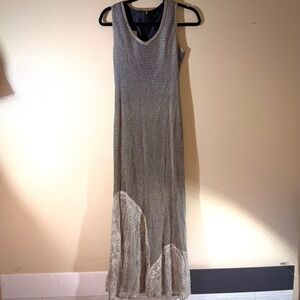 Damianou Silver Metallic Knit Lace Inset Sleeveless Maxi Dress Small